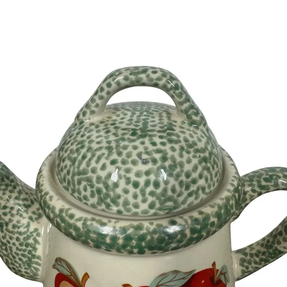 Vtg Country Farmhouse 80s 90s Ceramic Red Apple Design Teapot Sponge Paint 7.5